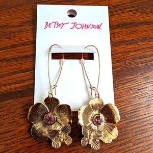 Betsey Johnson, butterfly on a flower earrings. Gold tone with pink rhinestones.